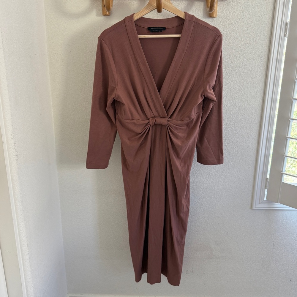 BCBG MAXAZRIA WOOL blend stretch brown long sleeve V-neck  DRAPED midi dress